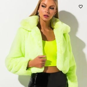 Akita neon yellow cropped fur jacket